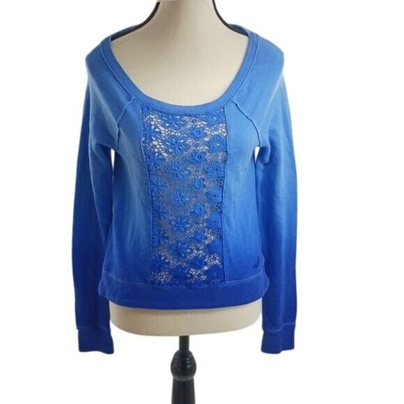 Hollister Womens S Blue Lace Front Pullover Sweatshirt Long Sleeve Top - Picture 1 of 7